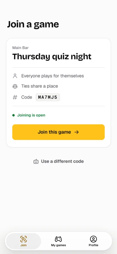 A phone showing the game a code belongs to, with a button to join it
