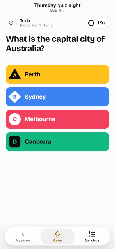 A phone showing the same question with four large answer buttons, A to D